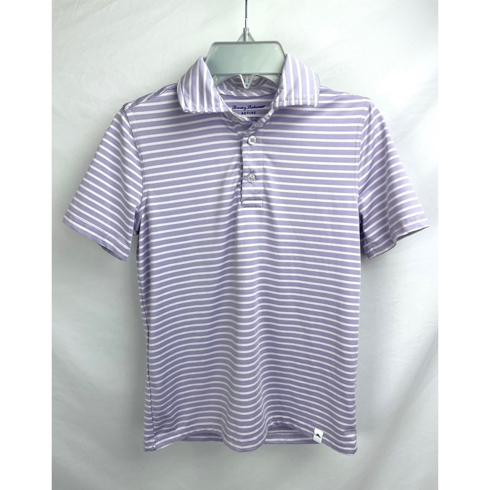 Tommy Bahama Active Girl M 7/8 Purple White Striped Polo Short Sleeve Shirt